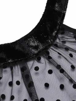Discount Retro Stage 1950s Polka Dots Sheer Neck Romper Black