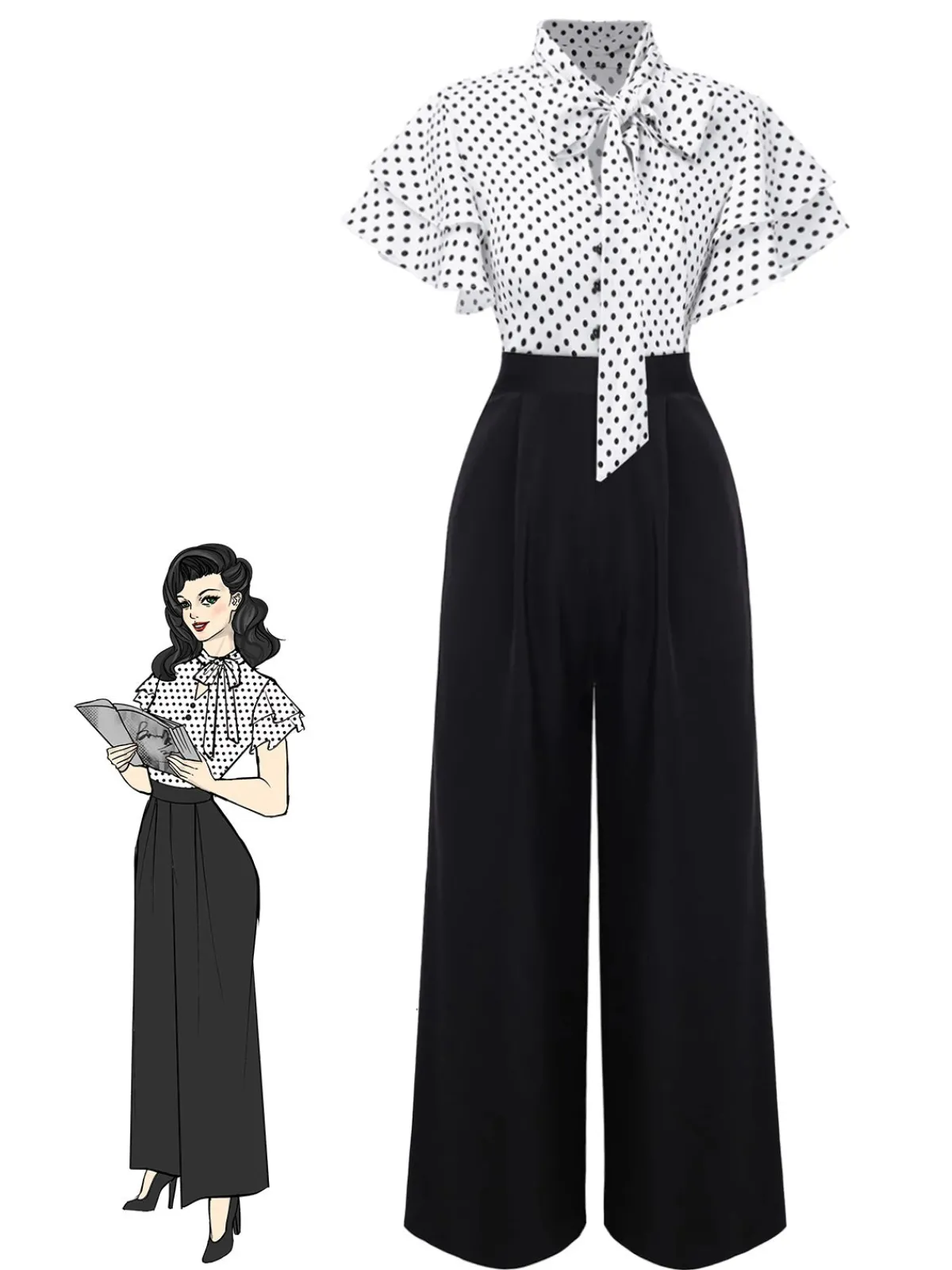 Best Retro Stage 1930s Polka Dots Tie-Neck Jumpsuit Black