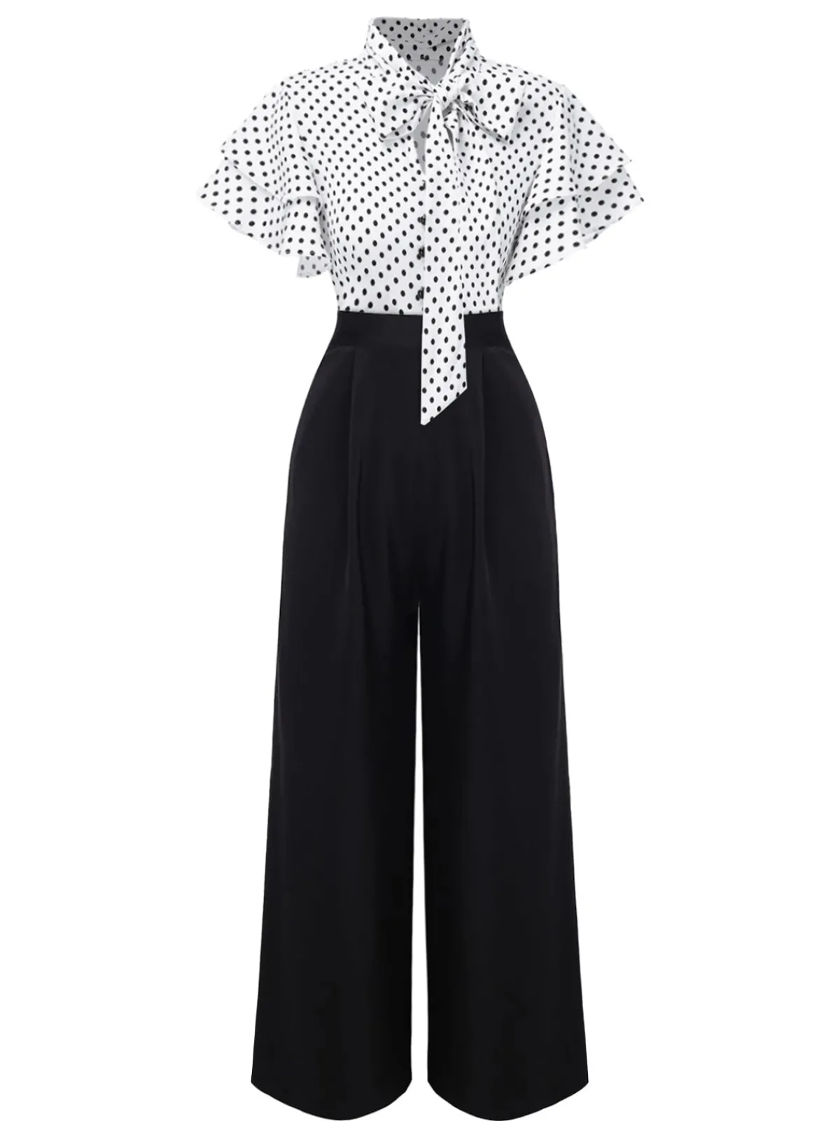 Best Retro Stage 1930s Polka Dots Tie-Neck Jumpsuit Black