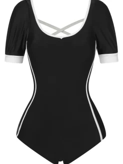 Online Retro Stage 1960s Puff Sleeves One-Piece Swimsuit Black