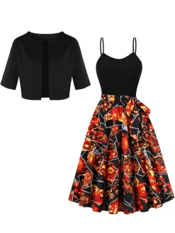 Online Retro Stage 1950s Pumpkin Halloween Swing Dress & Bolero Jacket Black