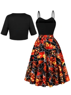 Online Retro Stage 1950s Pumpkin Halloween Swing Dress & Bolero Jacket Black