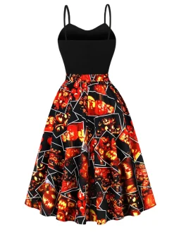Online Retro Stage 1950s Pumpkin Halloween Swing Dress & Bolero Jacket Black