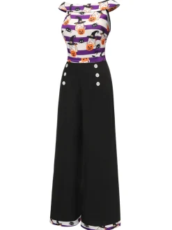 Hot Retro Stage 1950s Pumpkin Off Shoulder Patchwork Jumpsuit Black