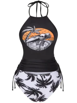 Sale Retro Stage Black 1980s Punk Halter Skeleton Beach Print Bikini Set