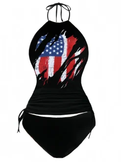 Sale Retro Stage Black 1980s Punk Halter Skeleton Beach Print Bikini Set