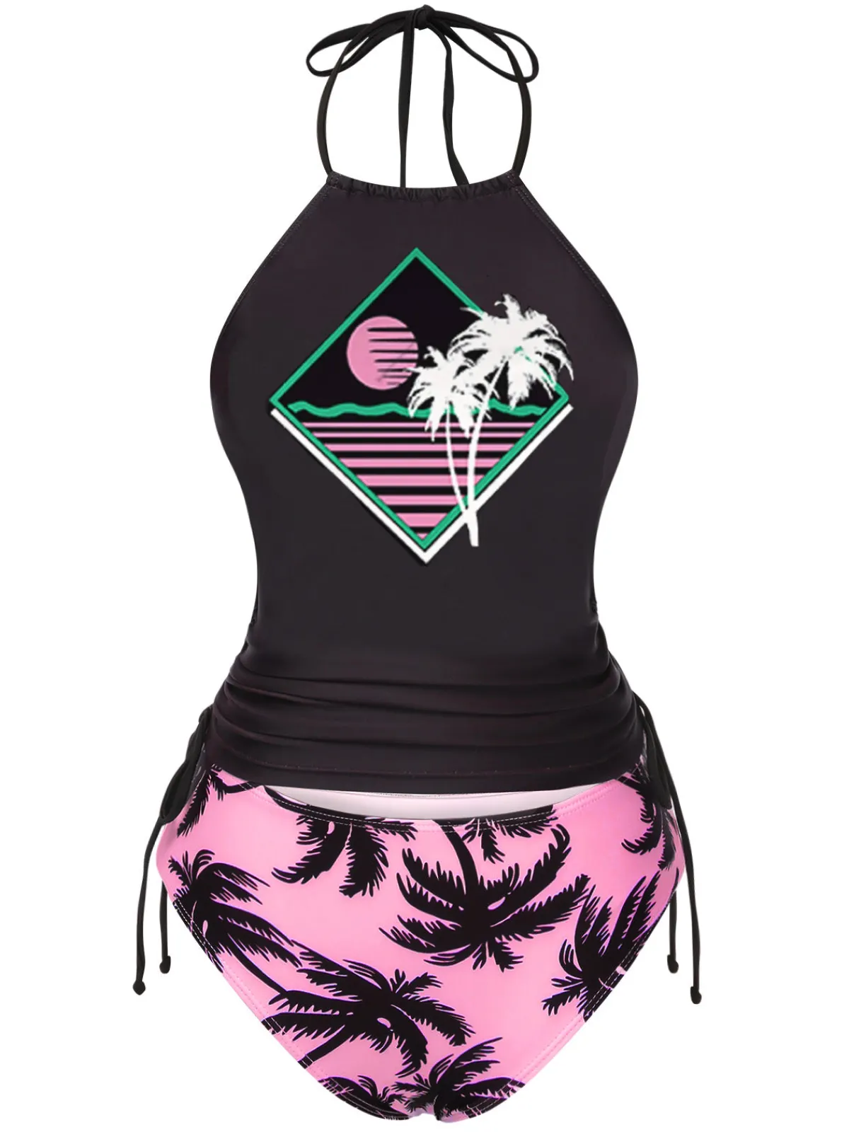 Fashion Retro Stage Black 1980s Punk Halter Skeleton Beach Print Bikini Set