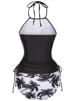 Fashion Retro Stage Black 1980s Punk Halter Skeleton Beach Print Bikini Set