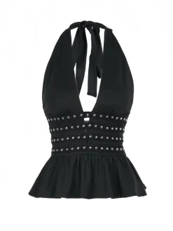 Discount Retro Stage 1980s Punk Rhinestone Halter Top Black