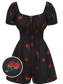 Outlet Retro Stage 1950s Raspberry Puff Sleeves Romper Black