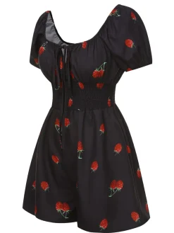 Outlet Retro Stage 1950s Raspberry Puff Sleeves Romper Black