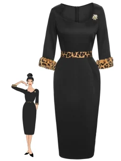 Discount Retro Stage 1960s Raw Hem Leopard Asymmetric Wrap Dress Black