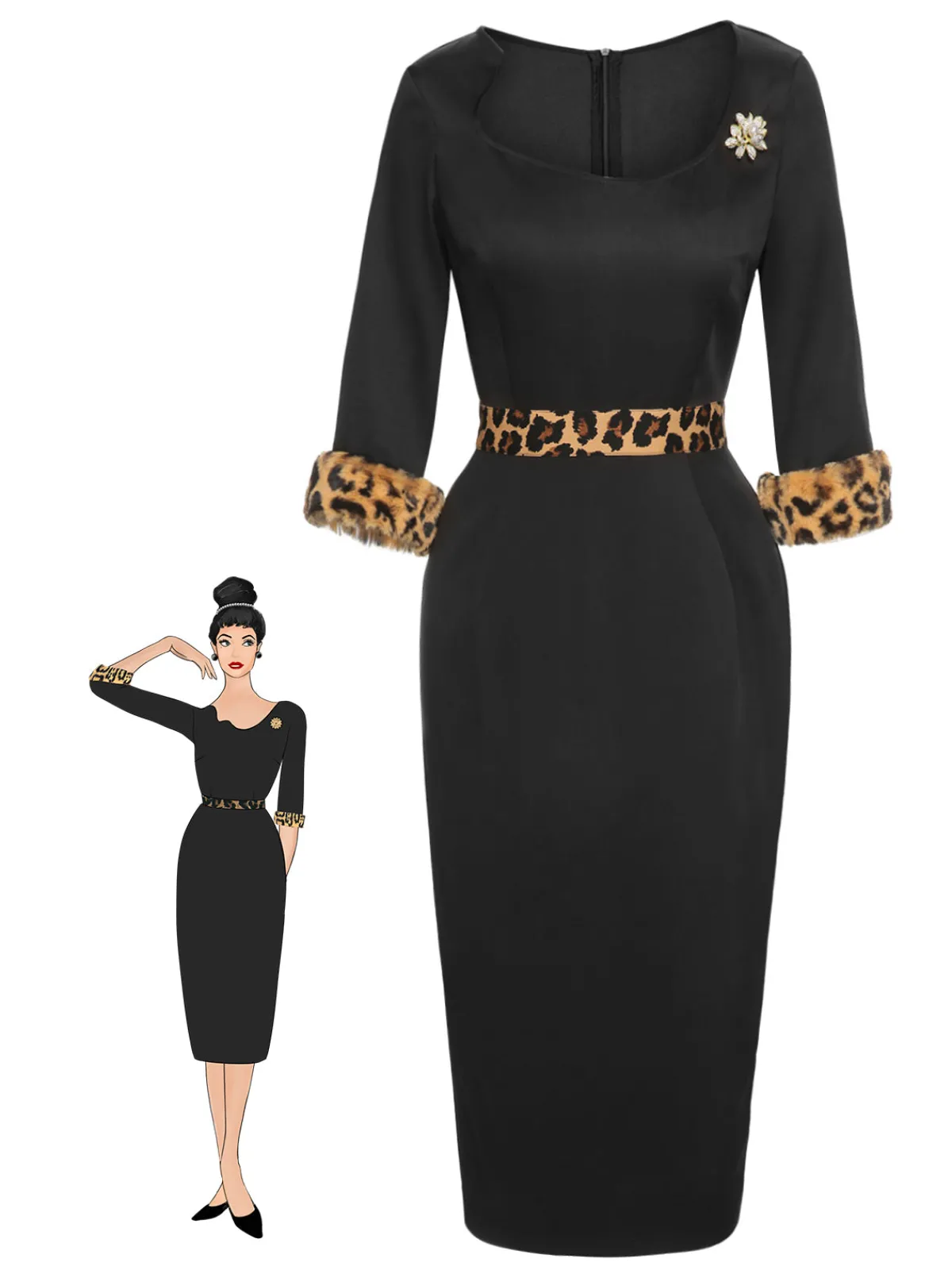 Discount Retro Stage 1960s Raw Hem Leopard Asymmetric Wrap Dress Black