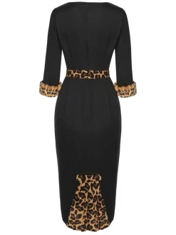 Discount Retro Stage 1960s Raw Hem Leopard Asymmetric Wrap Dress Black