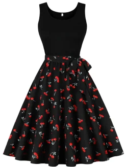 Hot Retro Stage 1950s Red Cherry Patchwork Swing Dress Black