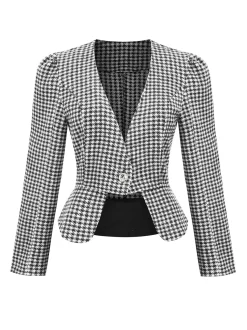 Online Retro Stage Black 1940s Retro Plaid Button Fitted Blazer