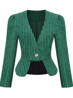 Online Retro Stage Black 1940s Retro Plaid Button Fitted Blazer
