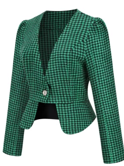 Online Retro Stage Black 1940s Retro Plaid Button Fitted Blazer