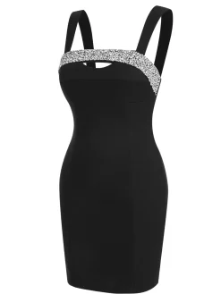 Outlet Retro Stage 1960s Rhinestone Patchwork Neck Mini Dress Black