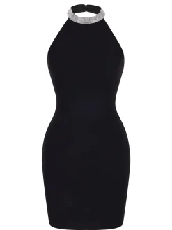 Discount Retro Stage 1960s Rhinestone Solid Halter Dress Black