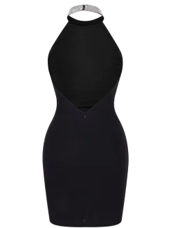 Discount Retro Stage 1960s Rhinestone Solid Halter Dress Black