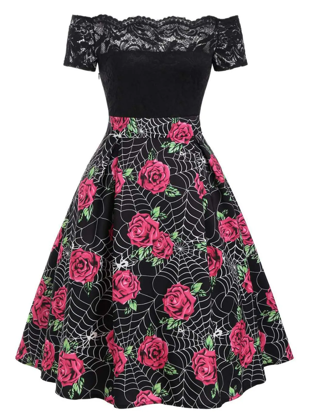 Discount Retro Stage 1950s Rose Cobweb Costume Dress Black