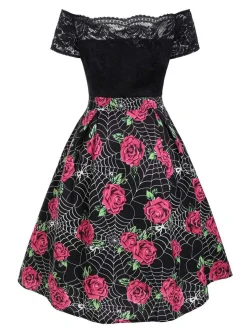 Discount Retro Stage 1950s Rose Cobweb Costume Dress Black