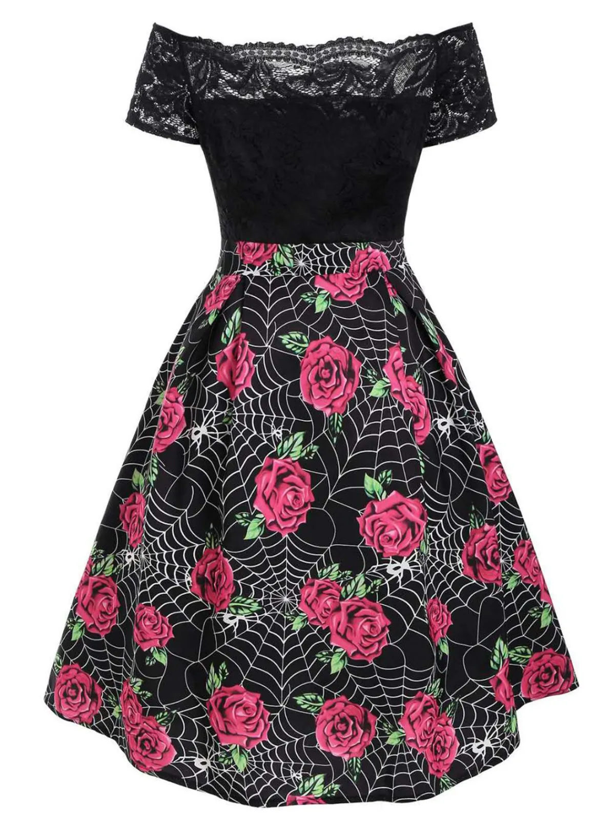 Discount Retro Stage 1950s Rose Cobweb Costume Dress Black