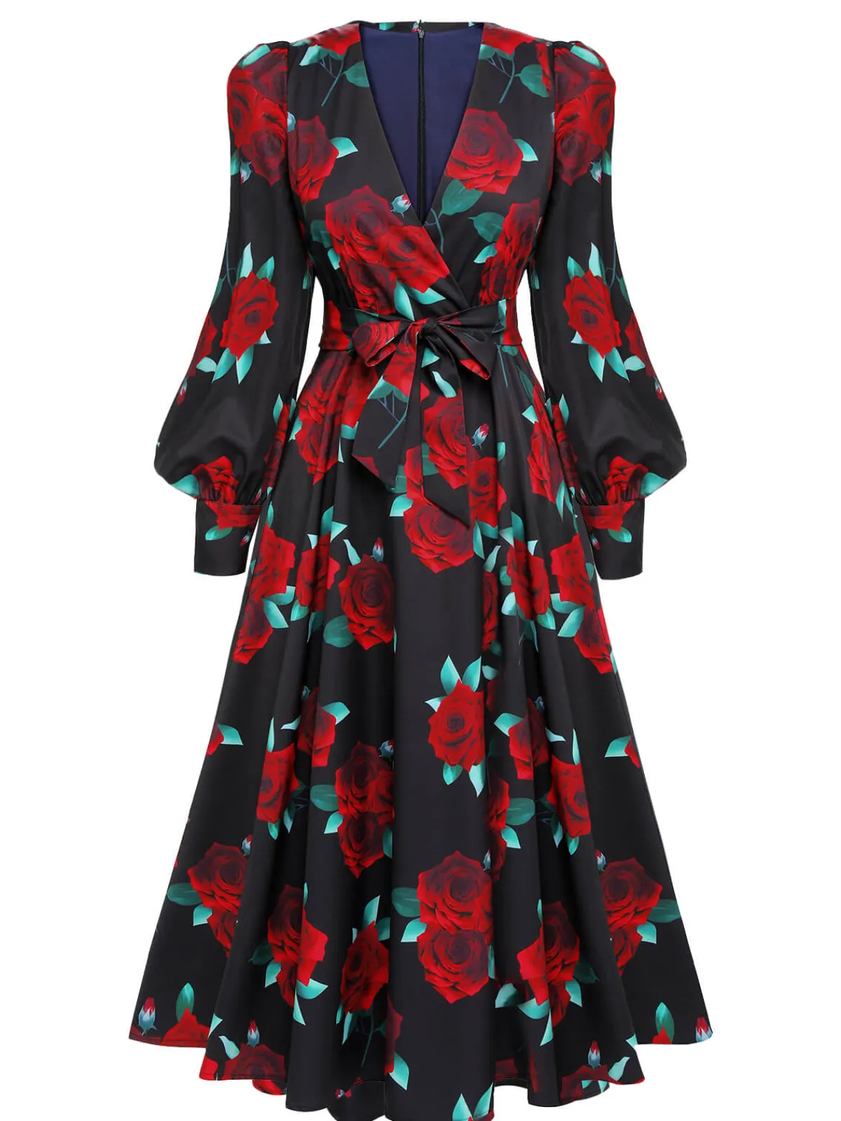 Sale Retro Stage 1940s Rose Lantern Sleeve Lace-Up Dress Black