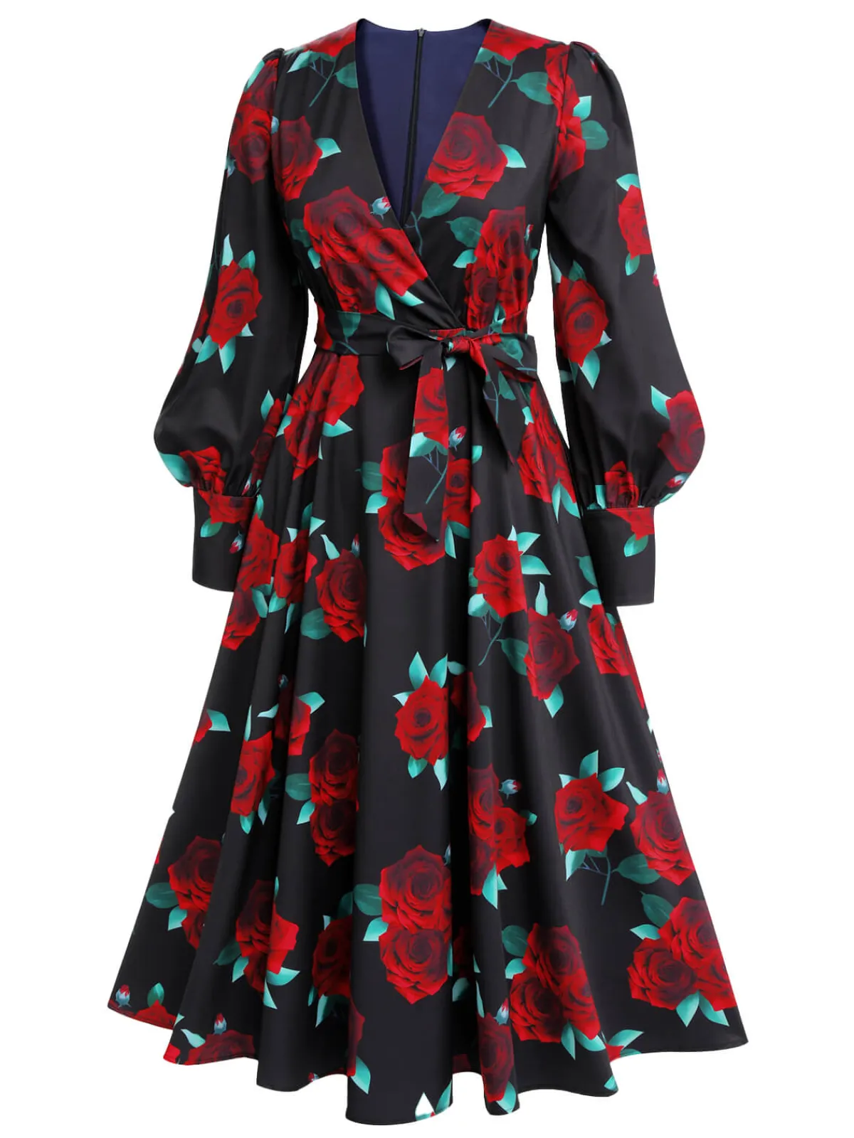 Sale Retro Stage 1940s Rose Lantern Sleeve Lace-Up Dress Black