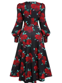 Sale Retro Stage 1940s Rose Lantern Sleeve Lace-Up Dress Black