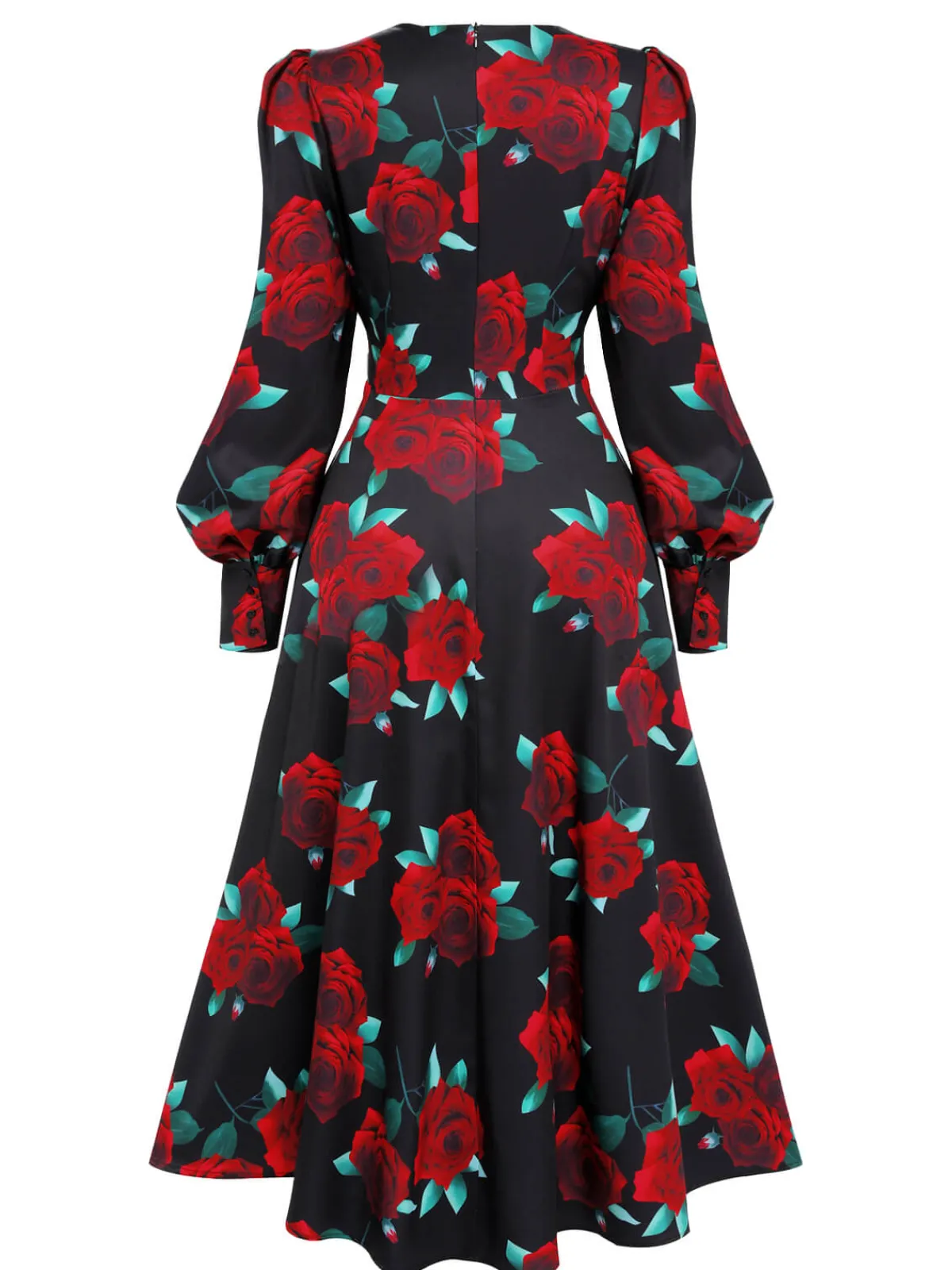Sale Retro Stage 1940s Rose Lantern Sleeve Lace-Up Dress Black
