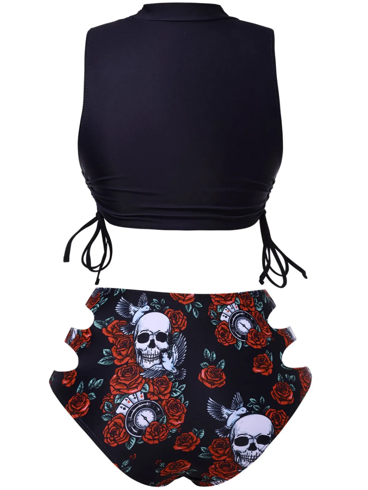 Best Retro Stage 1970s Rose Skull Lace -Up Tankini Black