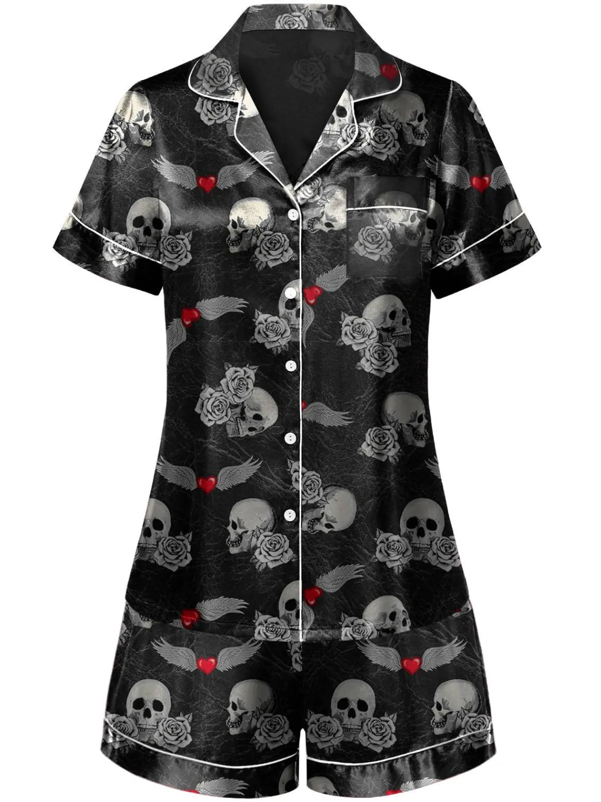 Clearance Retro Stage 1970s Rose Skull Lapel Pajamas Black