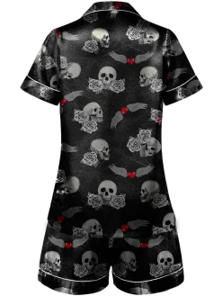 Clearance Retro Stage 1970s Rose Skull Lapel Pajamas Black