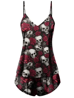 Clearance Retro Stage 1970s Rose Skull Spaghetti Straps Pajamas Black