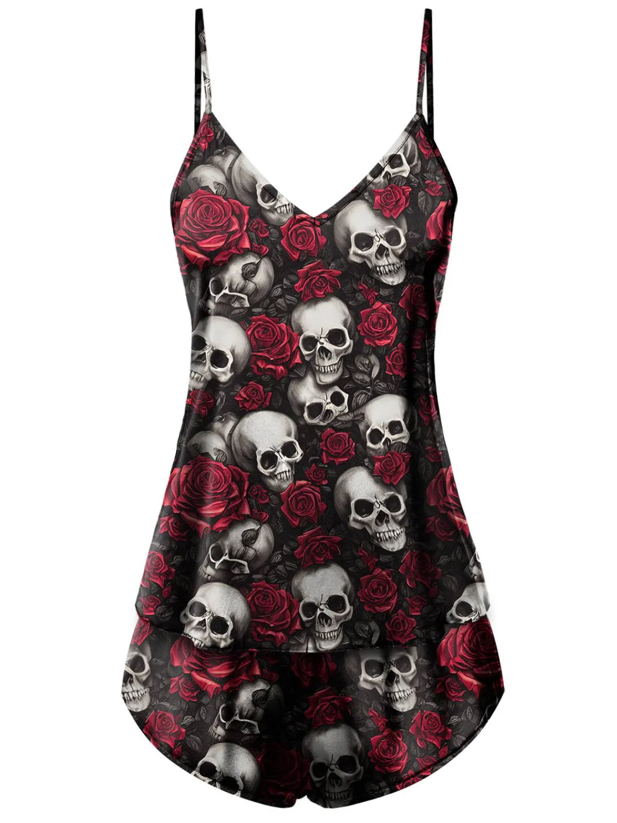 Clearance Retro Stage 1970s Rose Skull Spaghetti Straps Pajamas Black