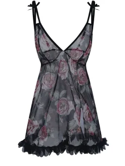 Best Retro Stage 1970s Rose Tulle Lace Trim Nightgown Black