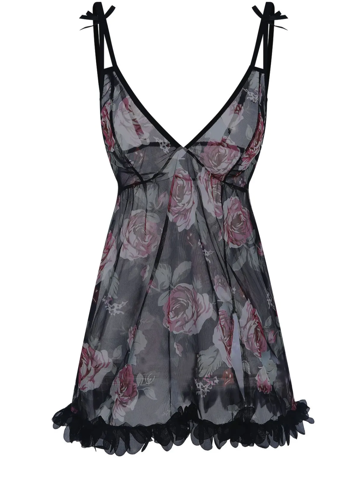 Best Retro Stage 1970s Rose Tulle Lace Trim Nightgown Black