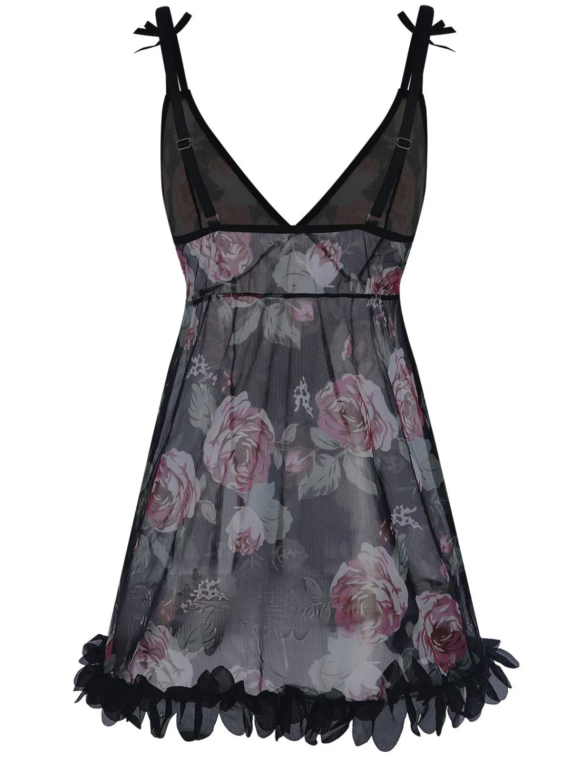 Best Retro Stage 1970s Rose Tulle Lace Trim Nightgown Black