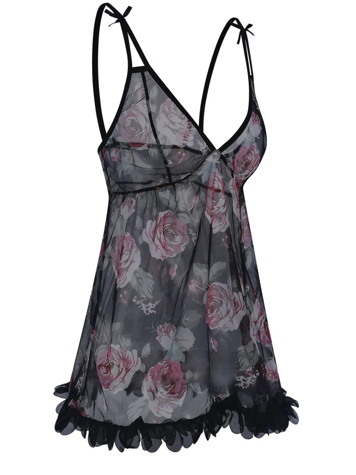 Best Retro Stage 1970s Rose Tulle Lace Trim Nightgown Black