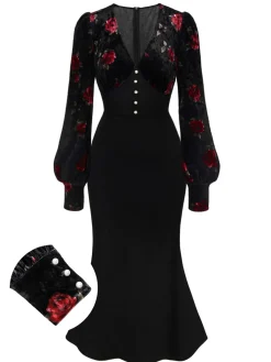 Online Retro Stage 1930s Rose Velvet Fishtail Dress Black
