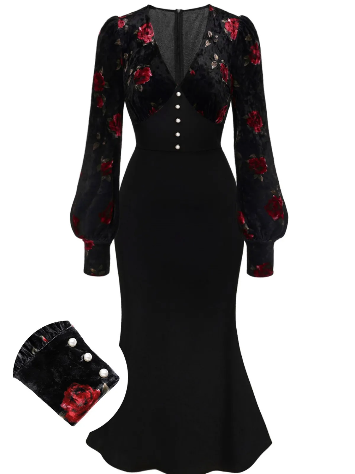 Online Retro Stage 1930s Rose Velvet Fishtail Dress Black
