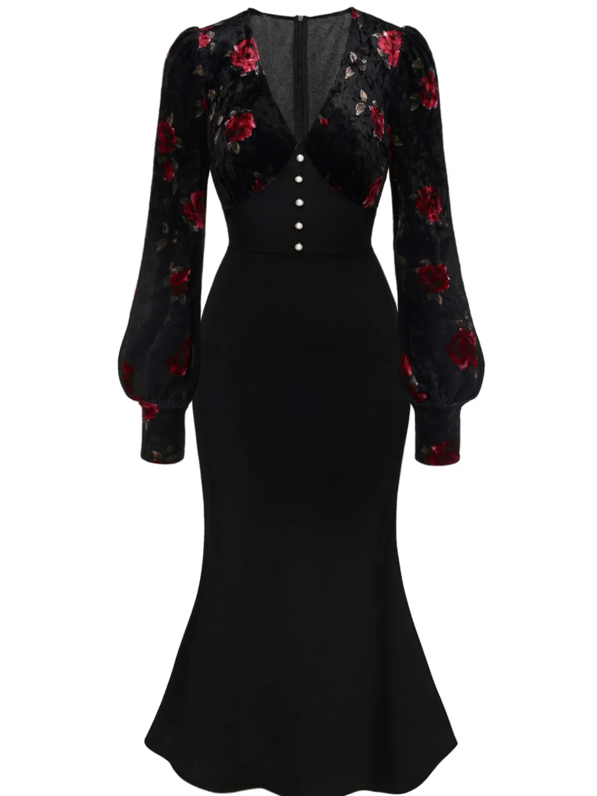 Online Retro Stage 1930s Rose Velvet Fishtail Dress Black