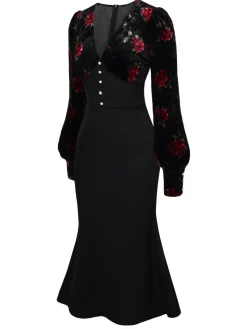 Online Retro Stage 1930s Rose Velvet Fishtail Dress Black