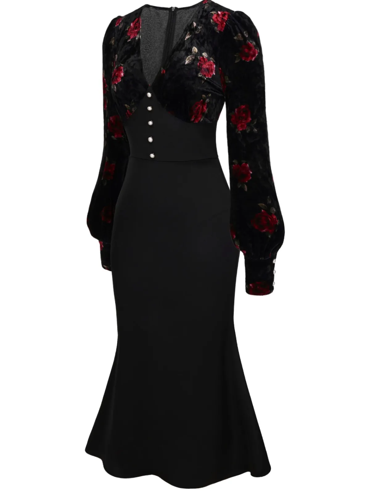 Online Retro Stage 1930s Rose Velvet Fishtail Dress Black