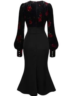 Online Retro Stage 1930s Rose Velvet Fishtail Dress Black
