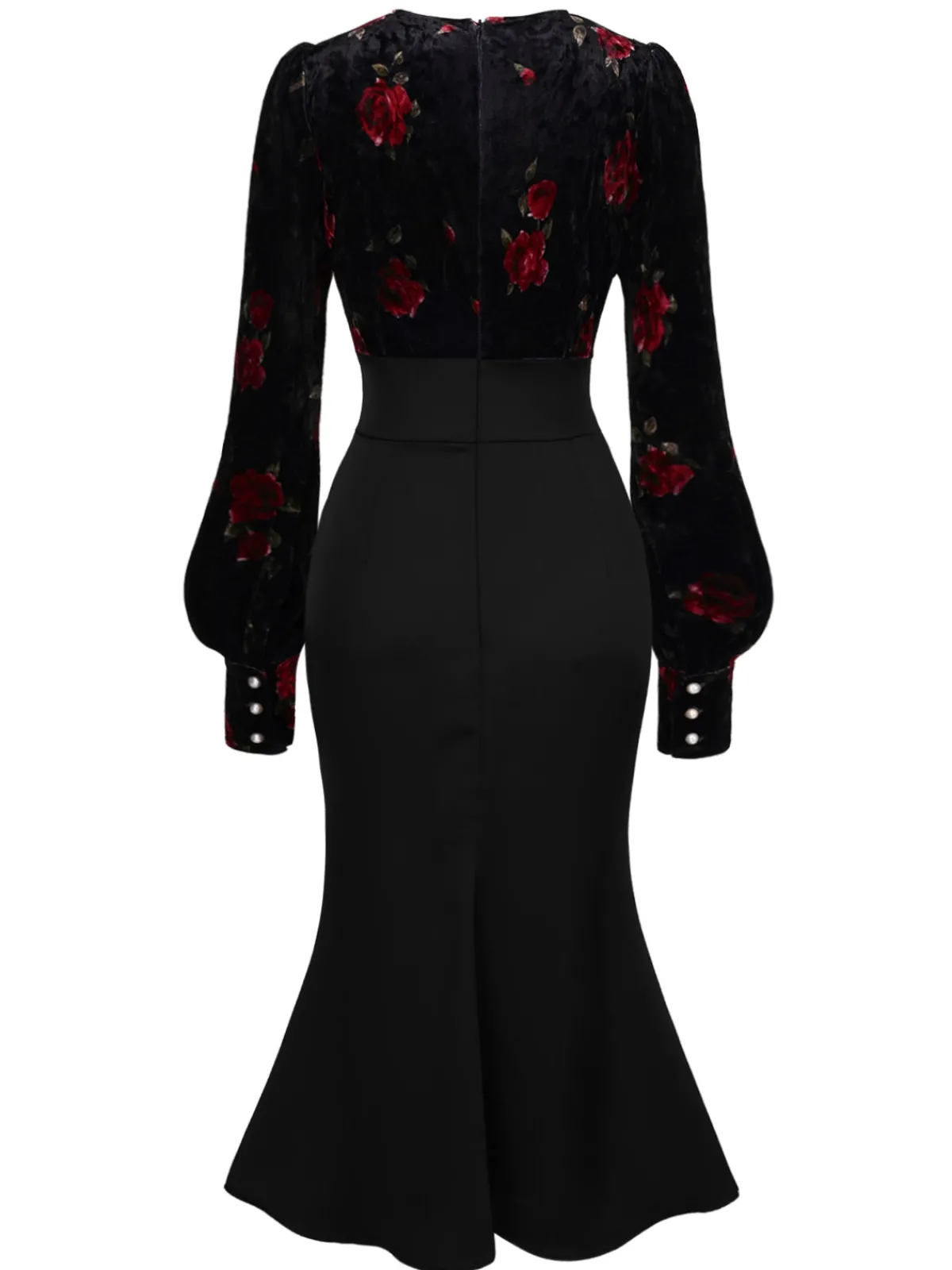 Online Retro Stage 1930s Rose Velvet Fishtail Dress Black