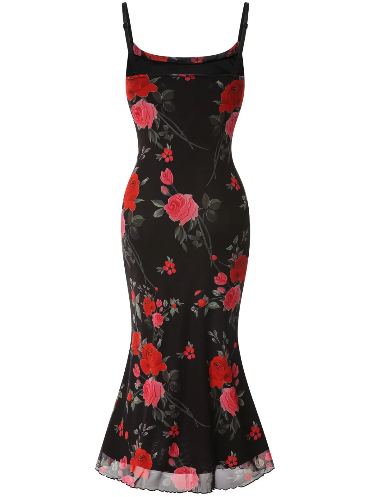 Online Retro Stage 1930s Roses Mesh Straps Mermaid Dress Black