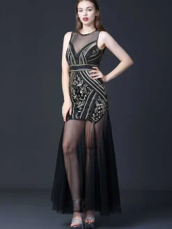 Sale Retro Stage 1920s Round Neck Sheer Beading Dress Black